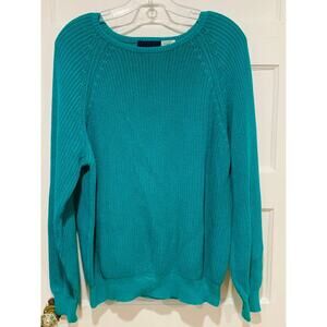 Kreeger Vintage Teal Cotton Sweater, 1990s, Chunky Knit Texture Size Medium